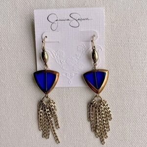 JESSICA SIMPSON Blue Glass & Chain Dangling Earrings, Gold Tone, Fish Hook Back